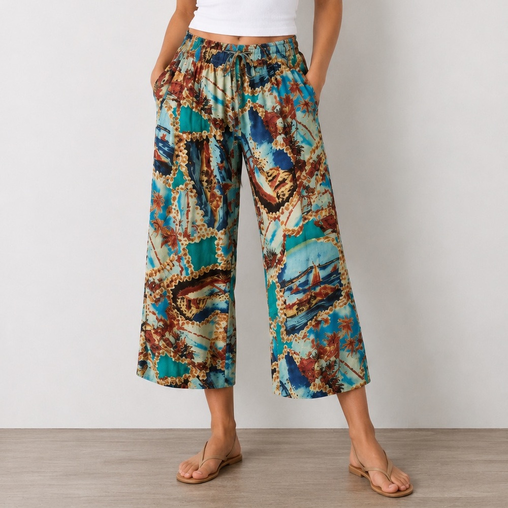 Jams World Vintage 90s Hawaiian Abstract Cropped Elastic Tie Waist Pants Size M
